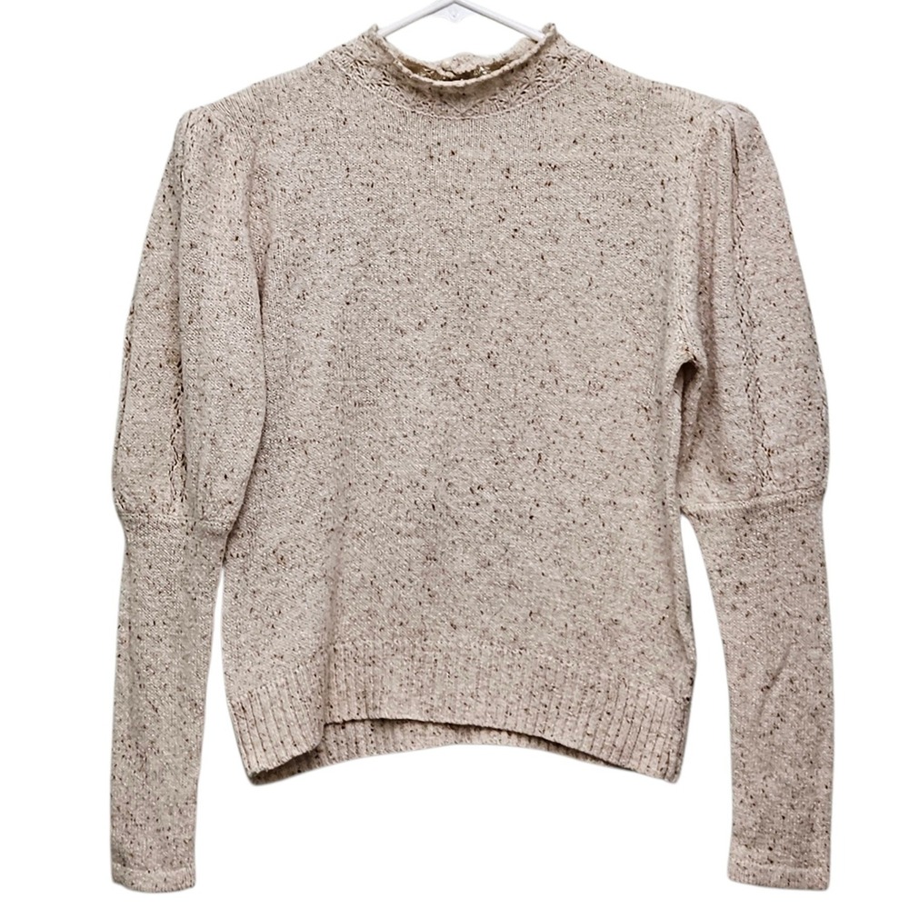 Vintage 80 Partners Speckled Knit  Mock Neck Puff Sleeve Sweater Cream Cottage M